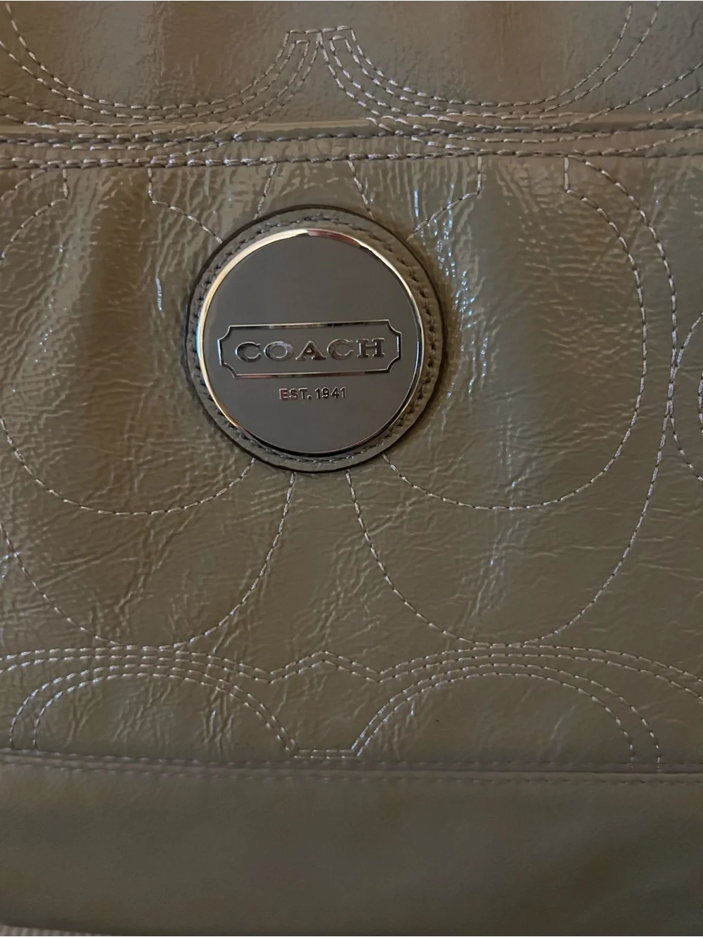Coach Olive Patent Shoulder Diaper bag with Gray Strap and Changing Pad